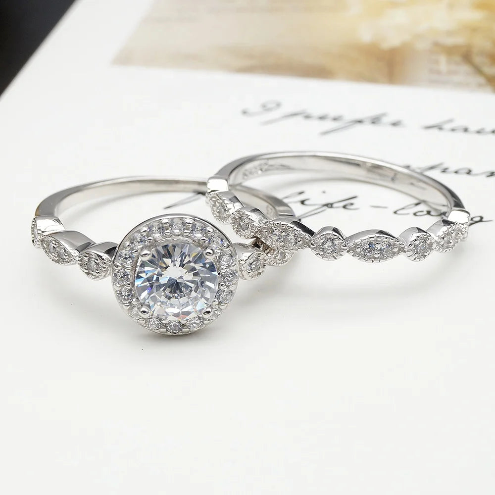 Wholesale Luxury Engagement 2 Piece Rings Real Silver Wedding Ring Set Fine Women Jewelry