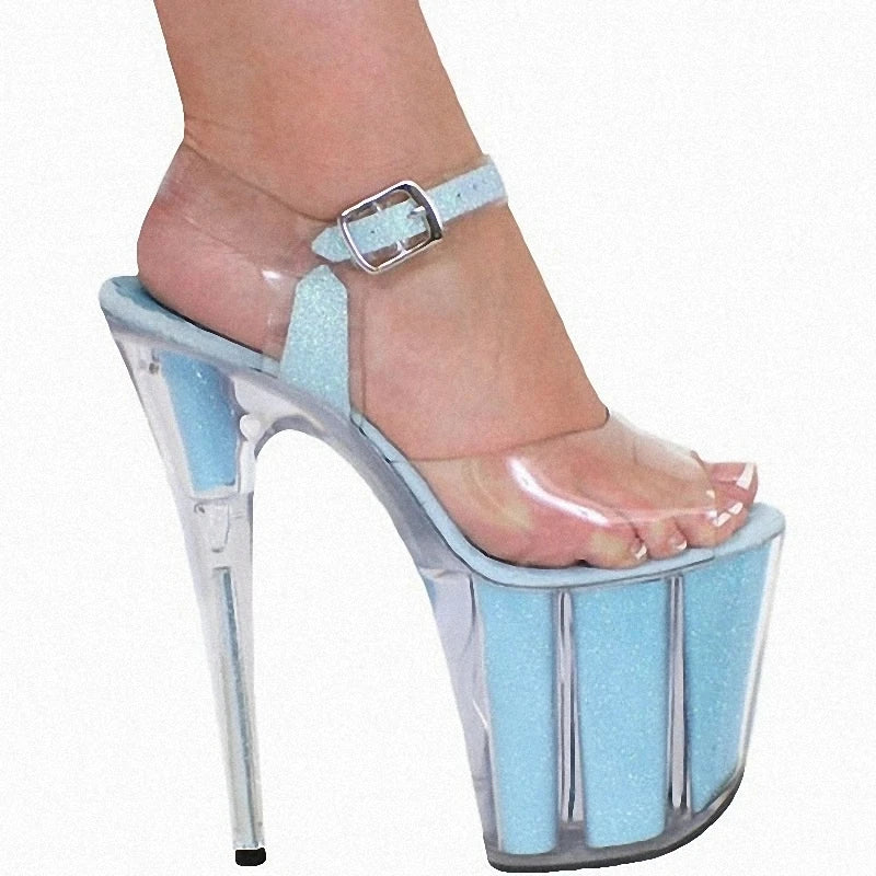 Fashion Through the Bright Bottom High Stripper Heels 20cm Pole Dance Shoes 8 Inch Crystal Platform Sandals Dress Sexy Fetish