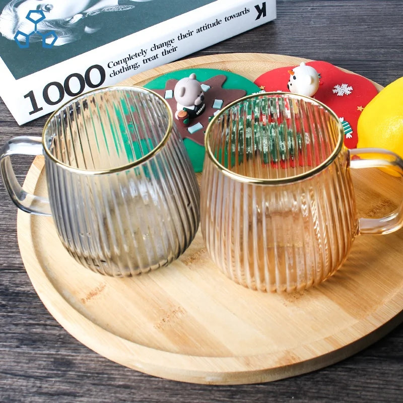 500ml High Borosilicate Microwave Safe Single Wall Breakfast Colored Glass Coffee Milk Mug with Gold Rim