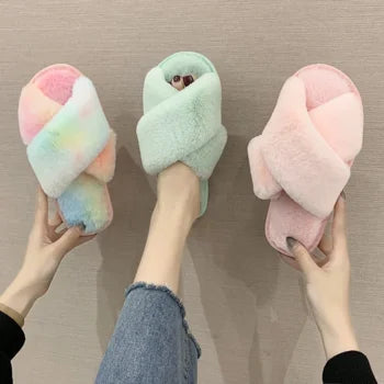 Ladies Home Slippers Shoes  Cross Soft Plush Furry Female Open Toe Slides Women Warm Faux Fur Slippers