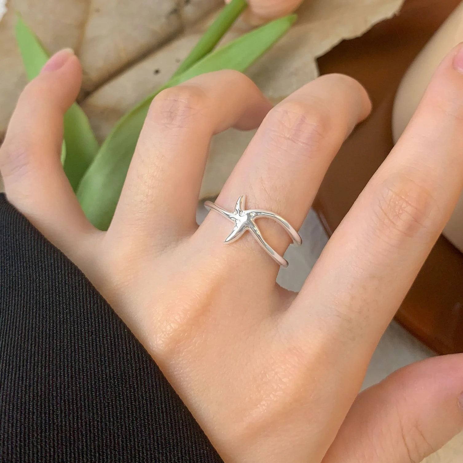 Vianrla S925 Sterling Silver Star Sharp Silver Open Adjustable Tik Tok Ring Jewelry for Free Logo