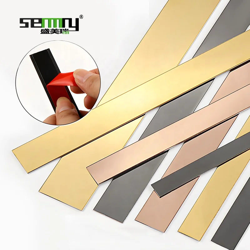 Factory Self Adhesive Stainless Steel Tile Trim Metal Wall Flat Decoration Strips for Hotel Villa Wall Ceiling Decorative