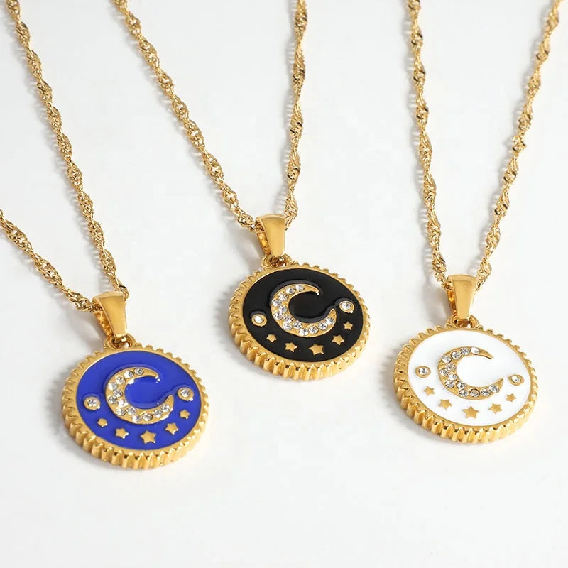 Fashion 18K Gold Plated Stainless Steel Blue Black Enamel Paved CZ Zircon Coin Pendant Ladies Star Moon Necklace for Women