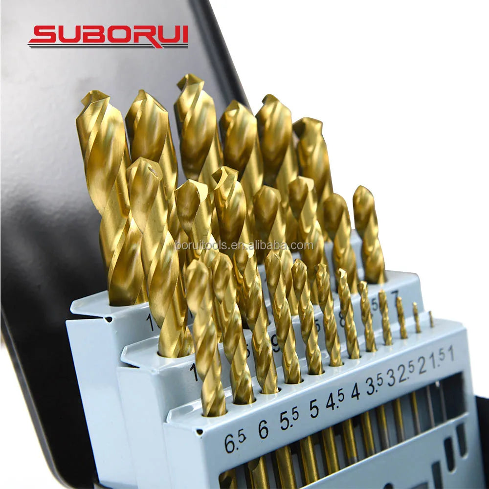 SUBORUI 1.0-13mm 25PCS Din338 Titanium M2 HSS Metal Bohrer Twist Drill Bit Set for Stainless Steel Hard Metal Steel Drilling