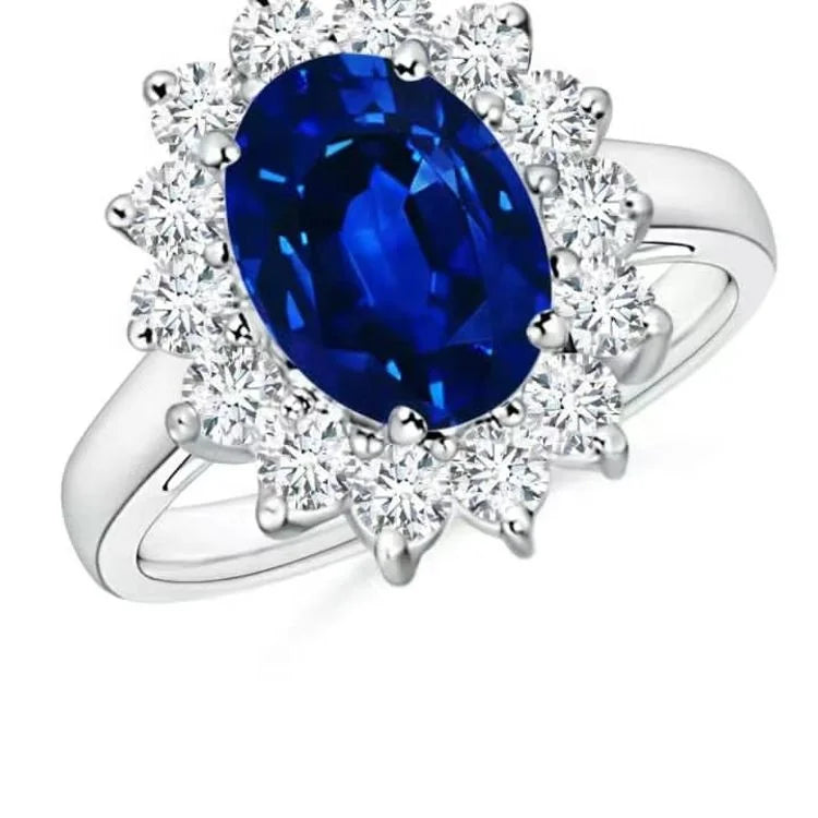 Princess Diana Inspired Blue Sapphire Oval 8*6mm Ring 18K White Gold Band Rings for Women