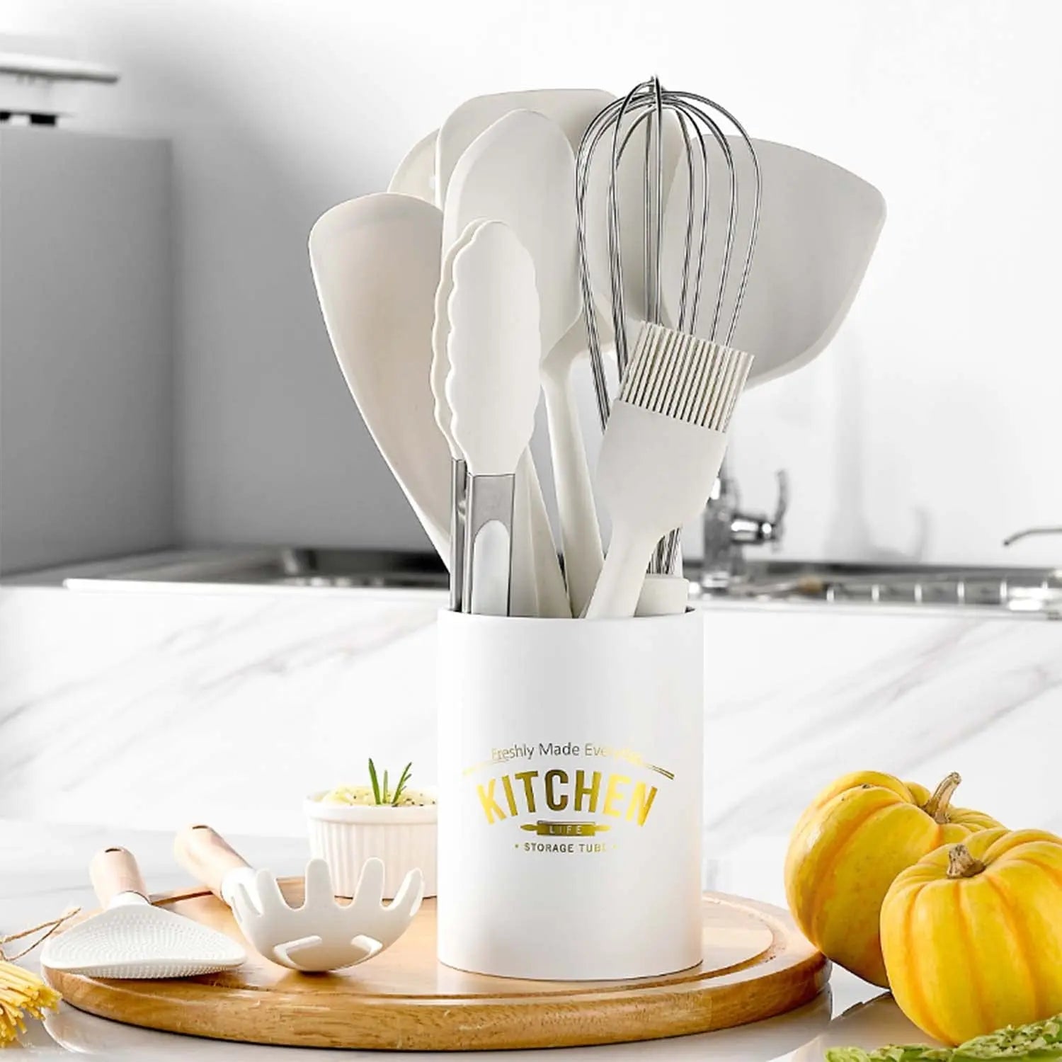 Silicone Non-Stick Kitchen Set with Wooden Handle Spatula Utensils and Holder for Cooking Packaged in Box