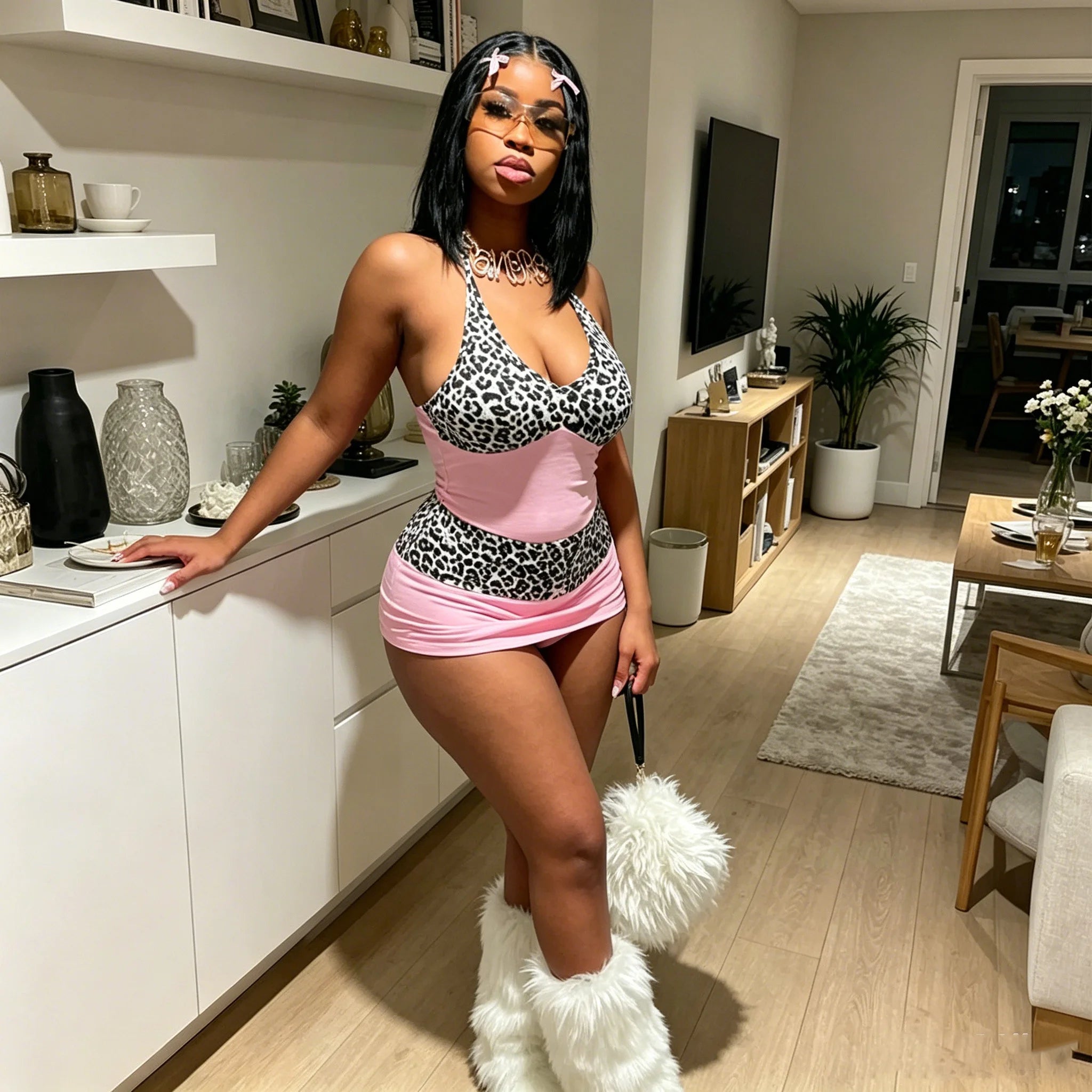 2026 Summer Fashion Leopard Print Patchwork Halter Lace-Up Mini Dress Women Sexy V-Neck Backless Ruched Body-Shaping Dresses