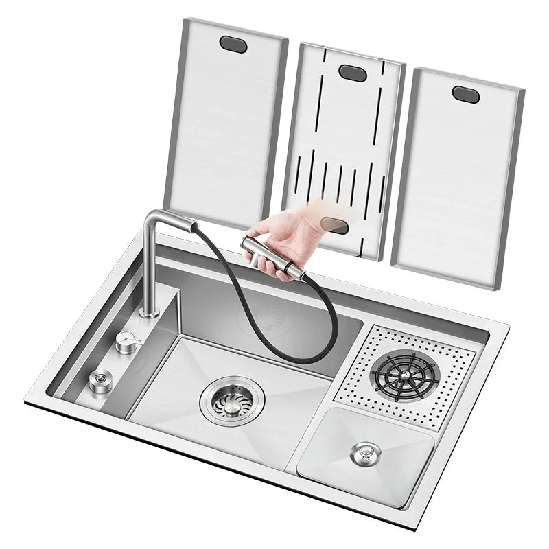 N7344X NILLOS Single Bowl Square Kitchen Sink Hidden 304 Stainless Steel Brushed Glass Rinser Trash Can Counter Installation