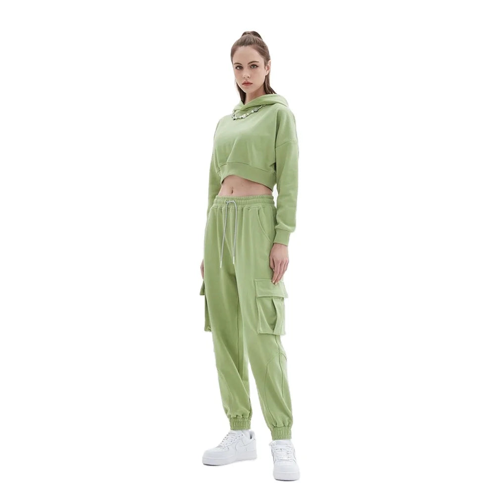 KY Streetwear Women's Custom Heavyweight Sweatsuits Elastic Waist Crop Sweatshirts with Cargo Pocket Pants Short Track Wear