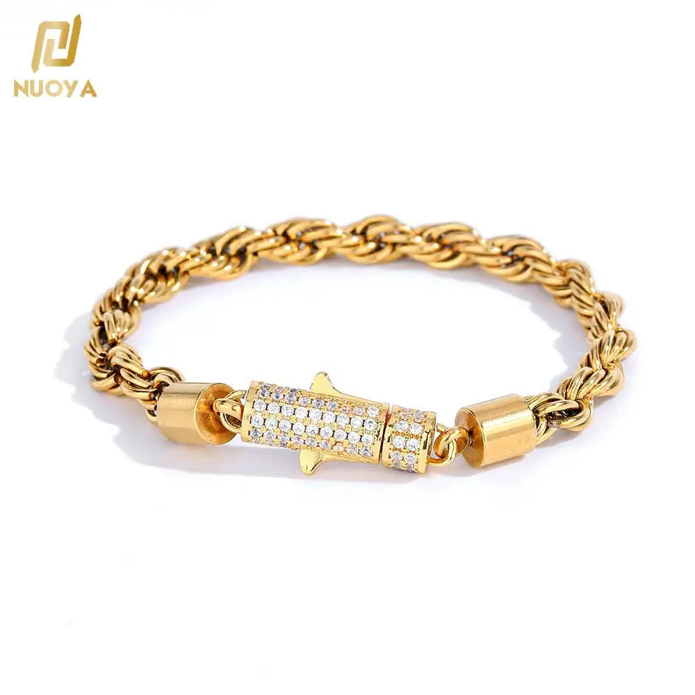 Nuoya New Style 6mm Iced Out Clasp Rope Chain Stainless Steel 18K Gold Plated Twist Rope Chaain Bracelet Jewelry for Women