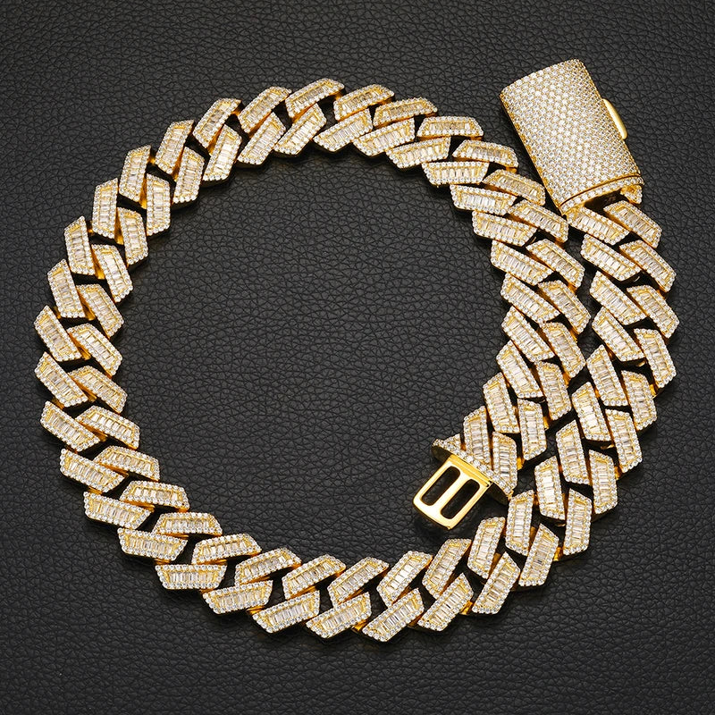 New Arrival Luxury Hip Hop Jewelry 20mm Gold Plated Brass Baguette AAAAA CZ Diamond Iced Out Cuban Link Chain Necklace