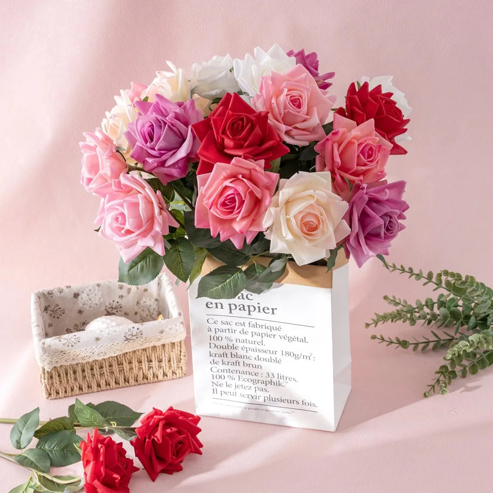 A-1007 Wholesale Red Fake Stem Flower pink Faux Silk Large White Artificial Real Touch Latex Rose Flower for Wedding Table Decor