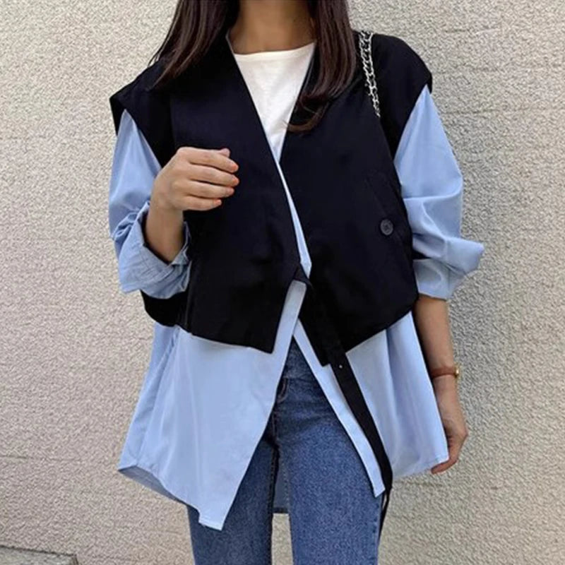 Wholesale 2026 Autumn French V-neck Loose and Versatile Color Matching Splicing Fake Two-piece Shirt Women's Jacket