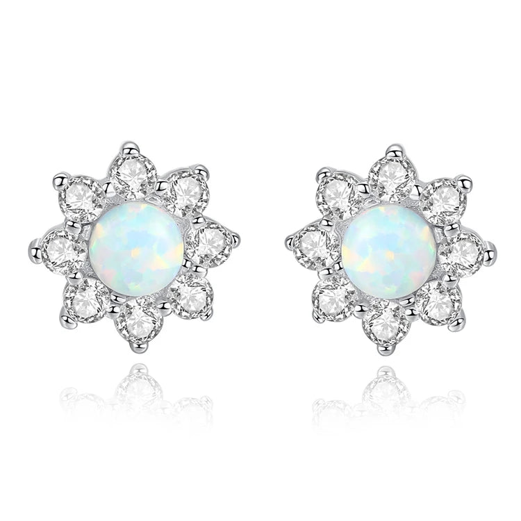 Fine Jewelry 925 Sterling Silver Sun Flower Shape Tiny Natural Round Opal Zircon Stud Earrings For Women Girls
