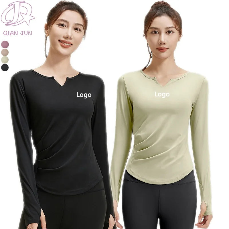 Custom Logo Fashion Women's Long Sleeves Slimming Fitting Sports Fitness Top With Folded Waist