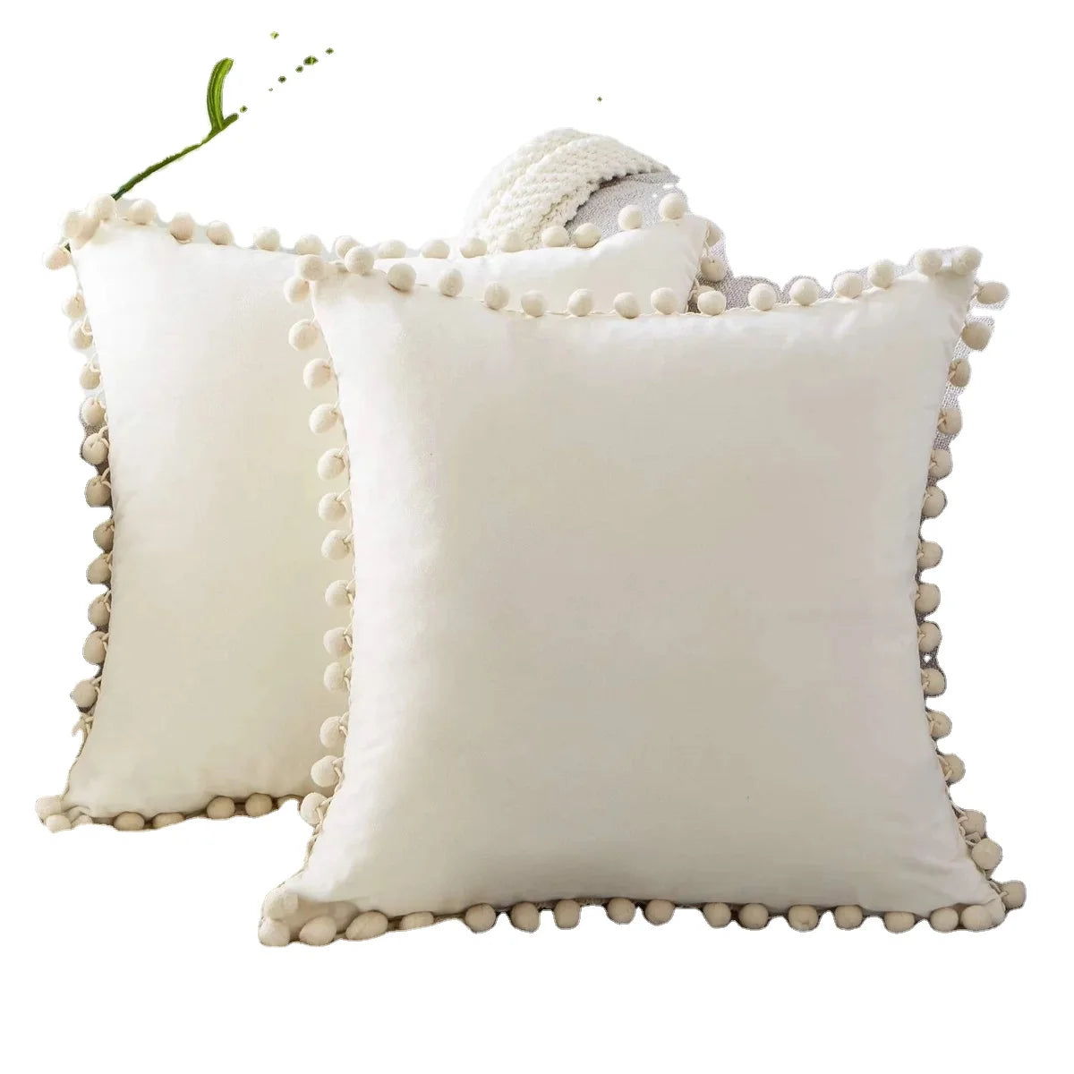 Custom Made Modern Solid Velvet Throw Pom Pom Pillow Cover Set with Back Design and Custom Logo