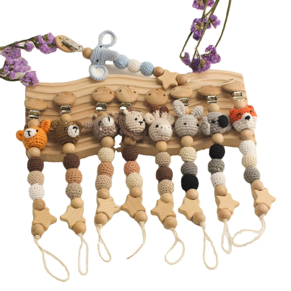 Handmade Cartoon Animals Baby Pacifier Chain Baby Soothing Teether Wooden Beads Crochet Baby Pacifier Clip