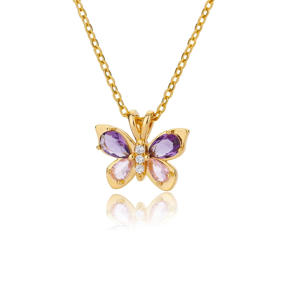 Hot Sale Copper Butterfly Necklaces Charm Bling Purple Pink Zircon Pendant Necklace