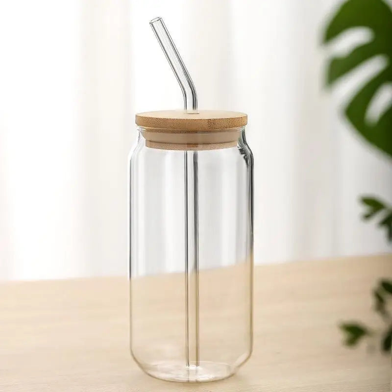 High Borosilicate Glass Tumbler 400/500ml Drinking Cup Straw Bamboo Lid Pop Can Shaped Bespoke Logo Contemporary Camp Customized