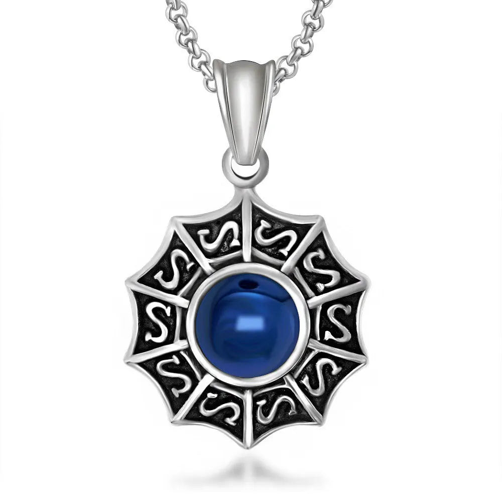 Exquisite Women Men Necklace Big Natural Stone Blue Onyx Pendant with Flower Stainless Steel Jewelry