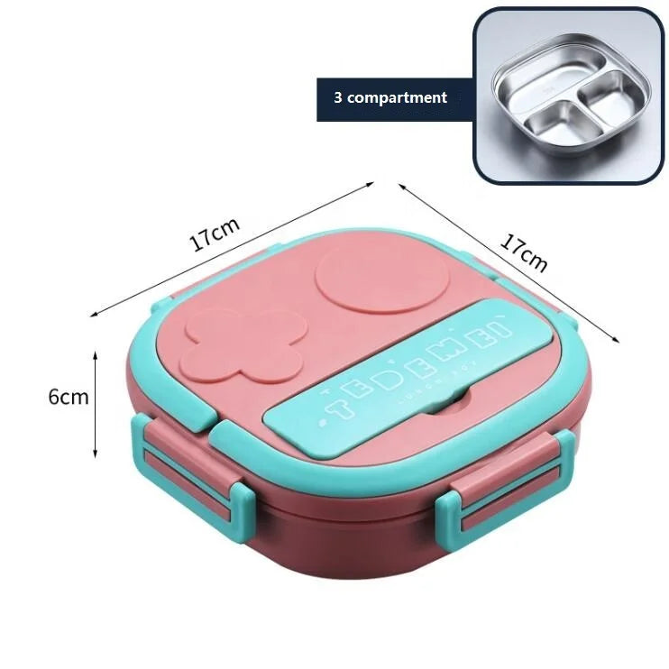 Wholesale 304 Metal Lunch Box Stainless Steel 550ml square 3 Compartment Hot Water Insulted Lunch Box with Spork for Kids