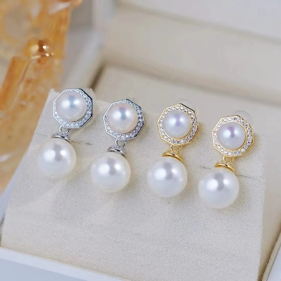 E2292 7-11mm DIY Natural Freshwater Pearl Charm Earrings Mounting Accessory 925 Sterling Silver Gold Plated  Jewelry for Women