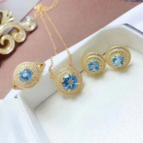 Fashion Wedding 925 Silver 18K Gold Plated Boho Topaz Necklace and Earring Costume Jewelry Set