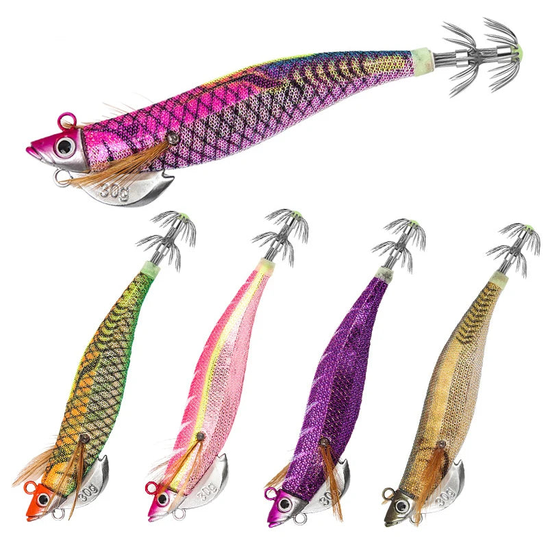 WEIHE 3.0#/25g 3.5#/30g 5Colors Artificial Wood Shrimp Lure Hard Fishing Bait Squid Bait for Saltwater Lead Head Squid Lures