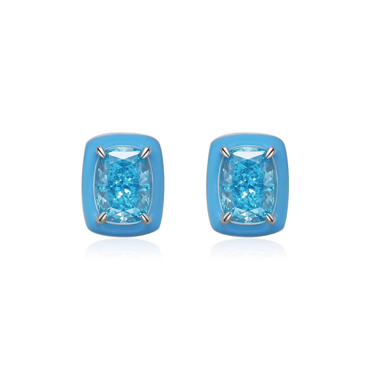 Factory Wholesale 925 Sterling Silver Women's Stud Earrings Square Sky Blue Enamel Sparkling Crushed Geometric Engagement