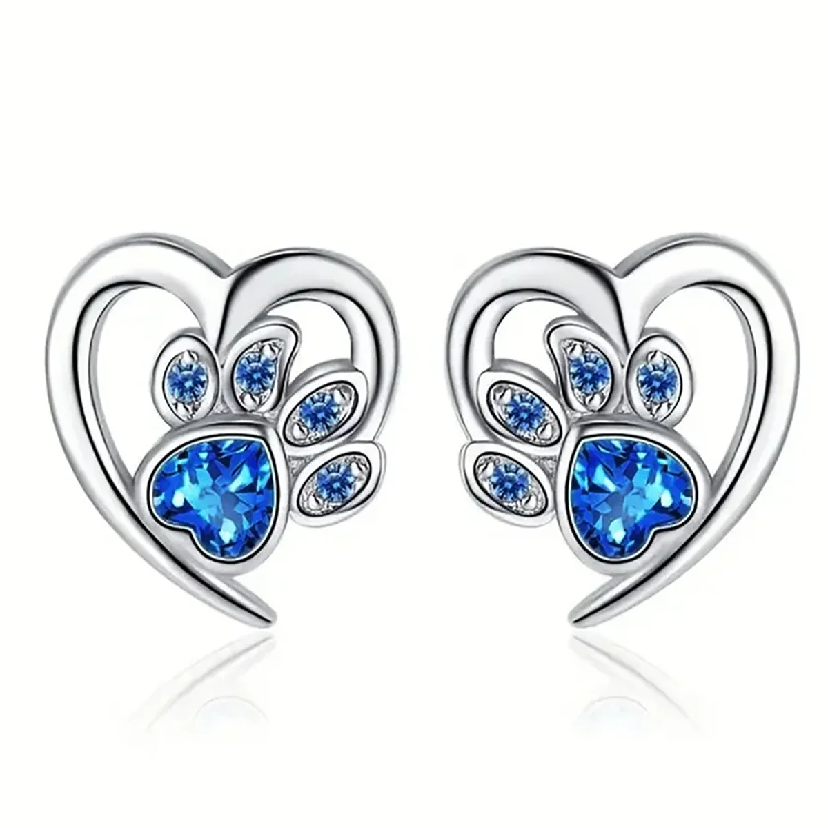 Huitan S925 Footprint Heart Shaped Design White/Blue Crystal Zircon Sterling Silver Earrings Women Fashion Jewelry Stud Earrings