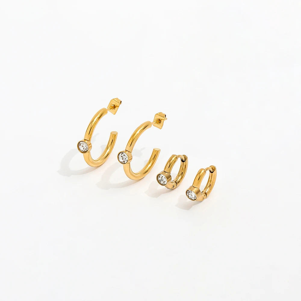 JOOLIM  High End  Simple 18K Pvd Gold Plated Single Round Zirconia C Stainless Steel Hoop Earring Women Fashion Jewelry