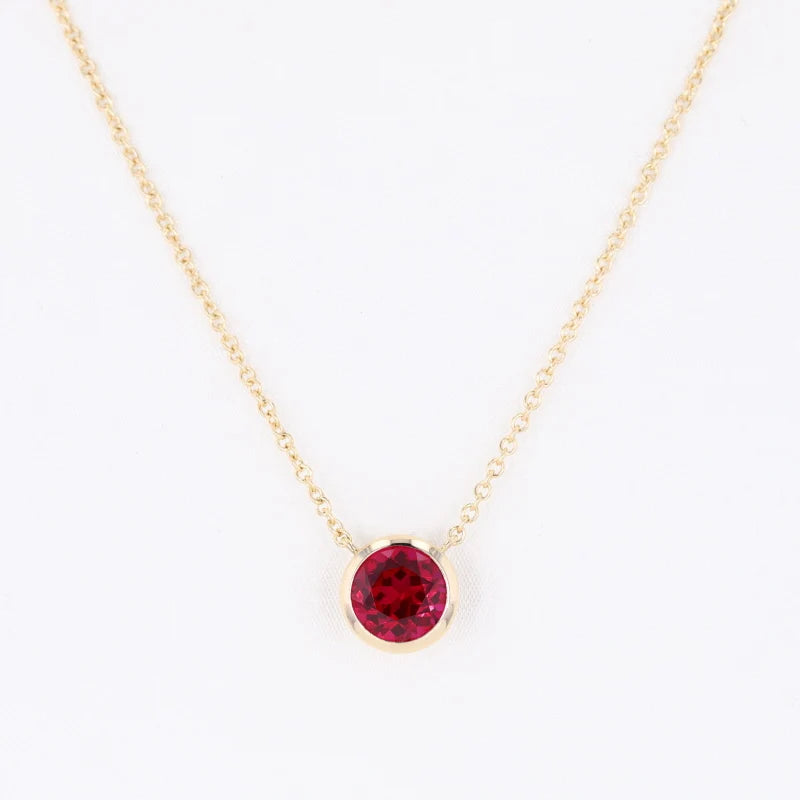Starsgem Round Shape Lab Grown Ruby Plain Gold Necklace New Design Customized 14k Yellow Pure Gold Necklace
