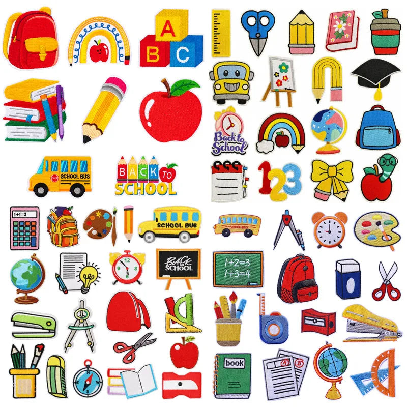 Iron on Embroidered Learning Tools School Bag Ruler Calculator Book Patches for Student Clothes Bag Decoration