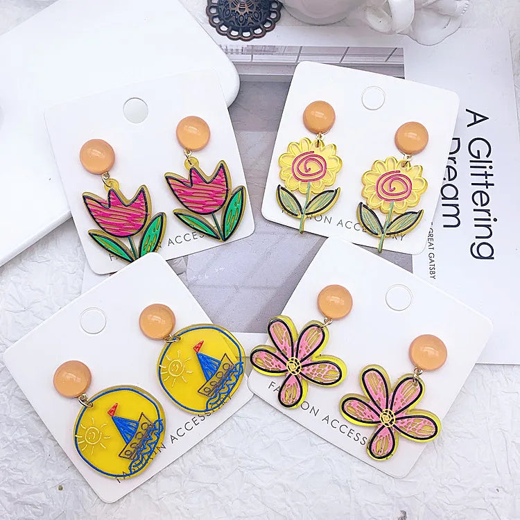 2025 Summer New Korean Retro Fashion Earrings Colorful Flower Candy  Acrylic Earrings for Women