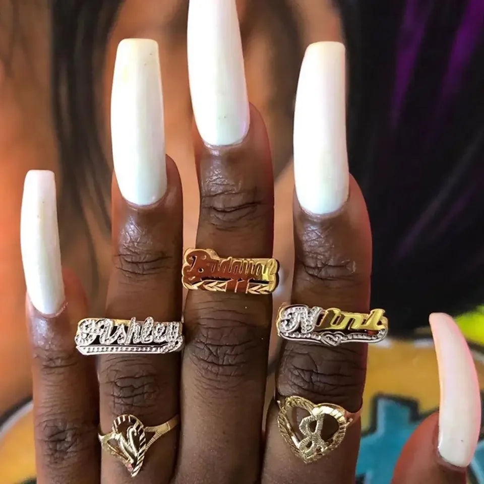 Custom 18k Gold Plated Letter and Heart Engraving Personalized Double Name Rings Design Jewelry
