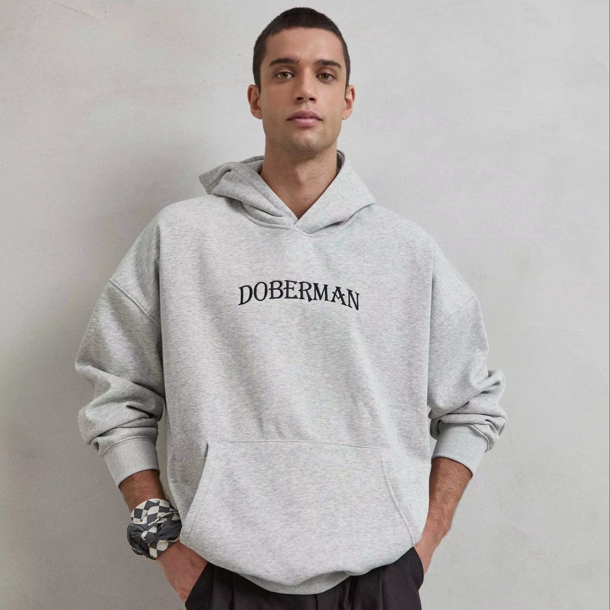 Heather Gray Winter Unisex Hooded Sweatshirt 3D Embroidered 'DOBERMAN' Dog Print Oversize Boxy Fit Anti-Wrinkle 74.5% Polyester