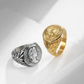 Stainless Steel Retro Design Signet Knuckle Ring Gold Plated Caesar Head Hip Hop Style Party Jewelry Gift