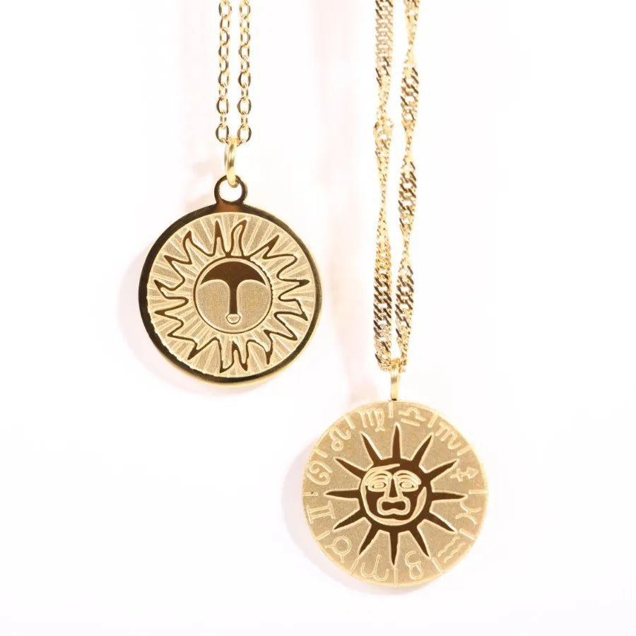 Wholesale Sun Moon Charms Pendant Custom Engraved 18k Gold Plated Stainless Steel Round Pendant Necklace