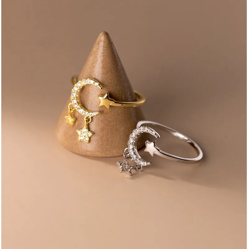 925 Sterling Silver Luxury Zircon Moon Star Shape Fashion Adjustable Open Gold Plated Knuckle Finger Rings Jewelry for Women