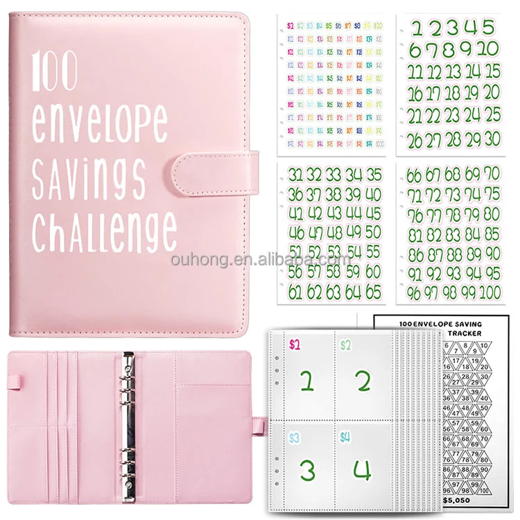 Custom 100 Envelope Savings Challenge A5 Budget Binder Challenges Pu Leather Budget Binder With Bags and Numbered Stickers