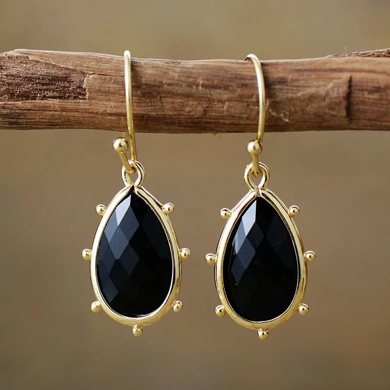Stylish Gold Plated Waterdrop Black Agate Cute Man Woman Drop Earrings Real Stones Couples Jewelry Anniversary