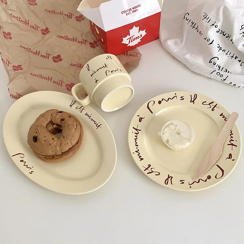 Solhui Original Ins Style French Ceramic Tableware Cream Color Retro Breakfast Fish Dessert Plate Stacked Ceramic Mug