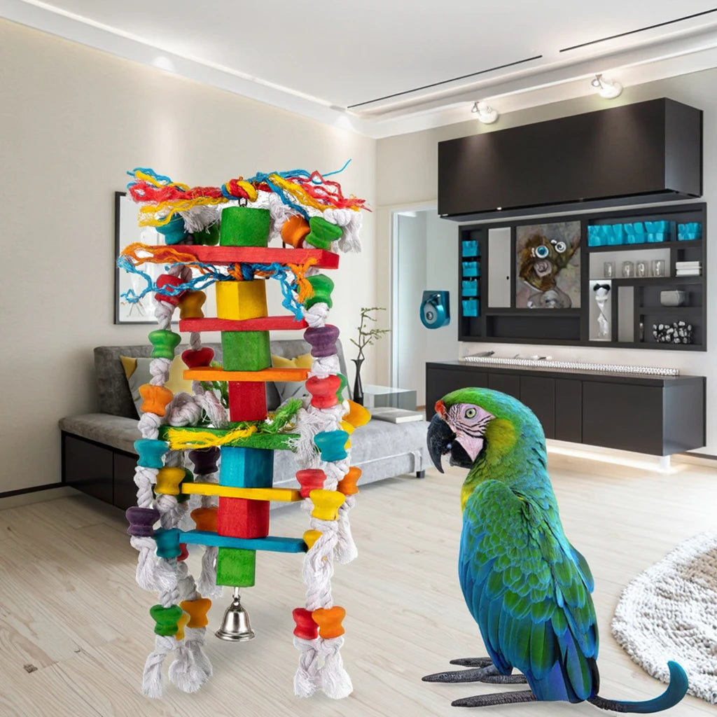 Eco-Friendly Large Wooden Pet Cage Toys Cotton Rope Colorful Birds Swing Toys Hanging Parrot Teething Toy