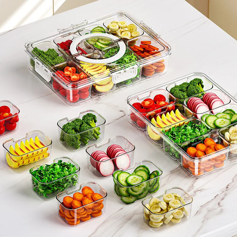 Portable Transparent 8-Compartment Plastic Snack Box with Handle Divided Veggie Tray and Fruit Organizer for Food Packing
