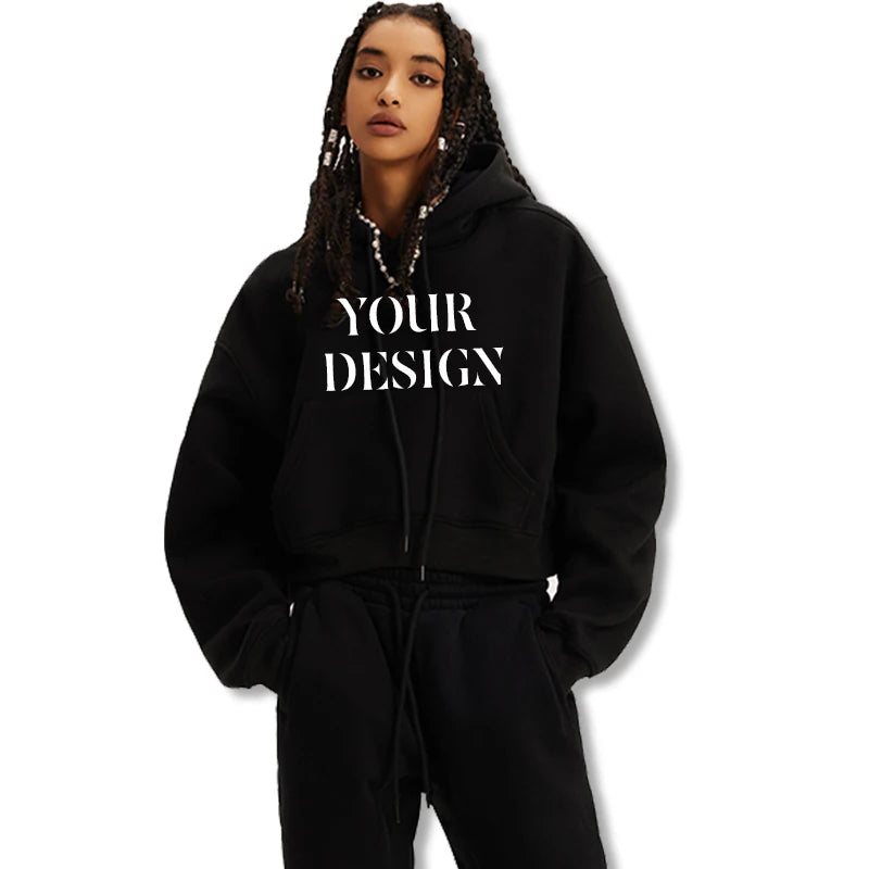 Wholesale Fashion Street Style Short Solid Color Stand Collar Long Sleeve Custom Printed logo Winter Women Hoodie