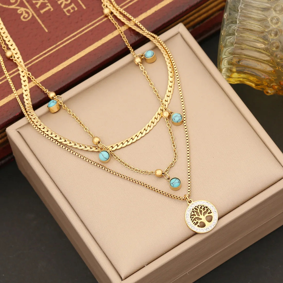 New Arrival 316L Stainless Steel Tarnish Free Waterproof 18k Gold Plated Double Layer Tree of Life Jewelry Sets for Women