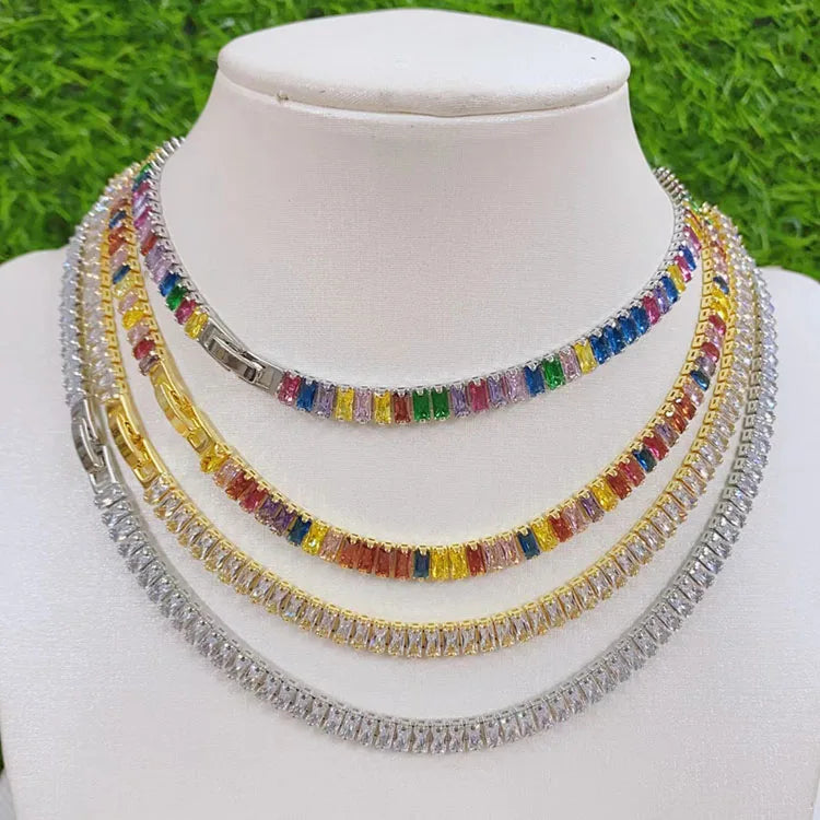 NZ1447 Bling Jewelry Chic Gold Plated Wide Rectangle CZ Baguette Diamond Cubic Zirconia Tennis Chain Buckle Necklace