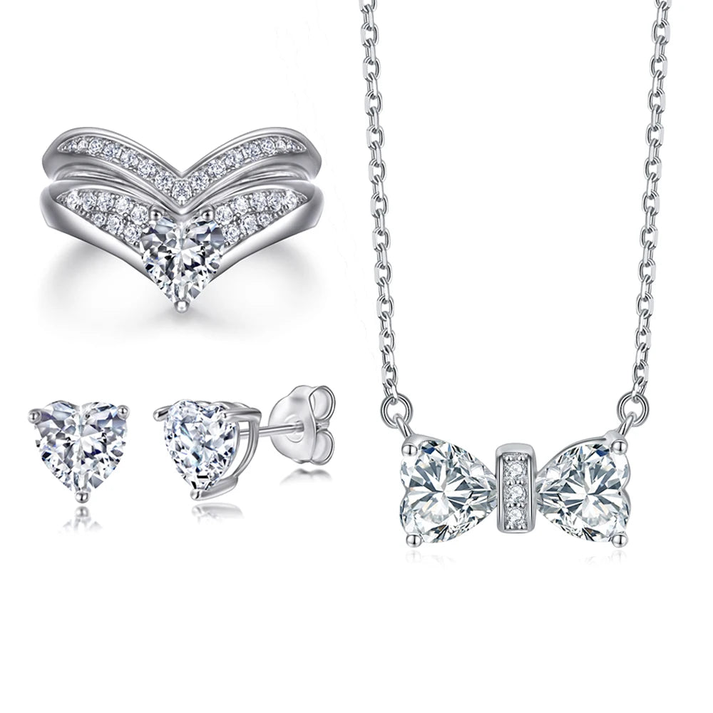 Fashion Silver Jewelry Set Rhodium Plated Heart Cut Diamond Zirconia Ring Women Jewelry Sets for Party
