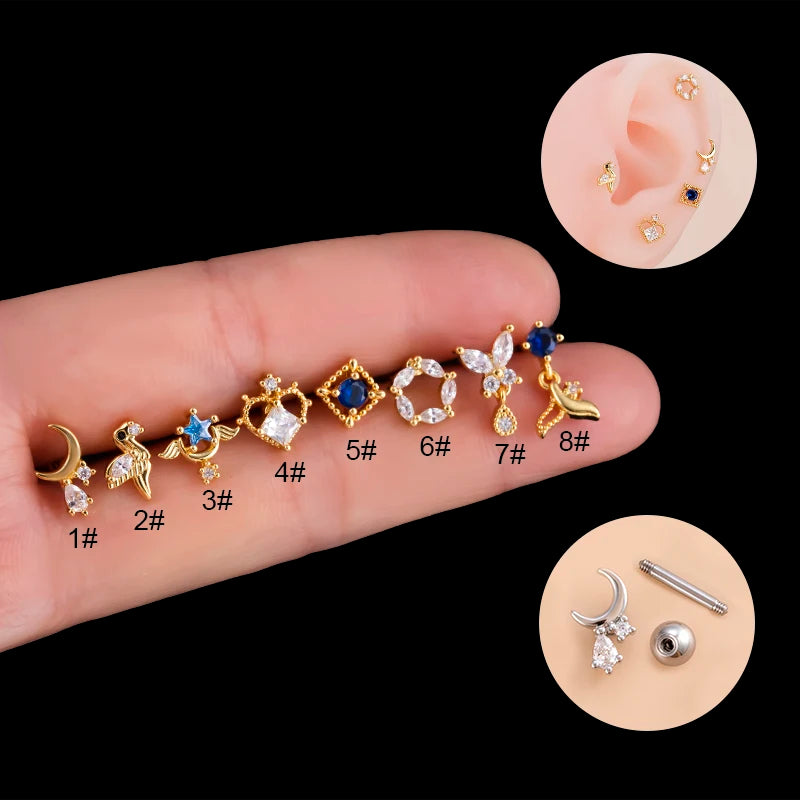 18K Gold Plated Stainless Steel Cartilage Earring Women's Blue CZ Stud Helix Tragus Piercing Animal Butterfly Design for Gift