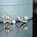 S925 Sterling Silver Women's Earrings with Fashionable Pearl and Zircon Star Moon Inlay 18K Gold Plated for Gifts